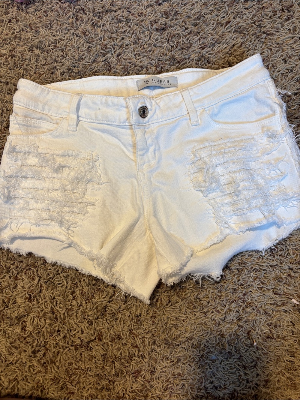 GUESS White Distressed Frayed Hem Jean Shorts